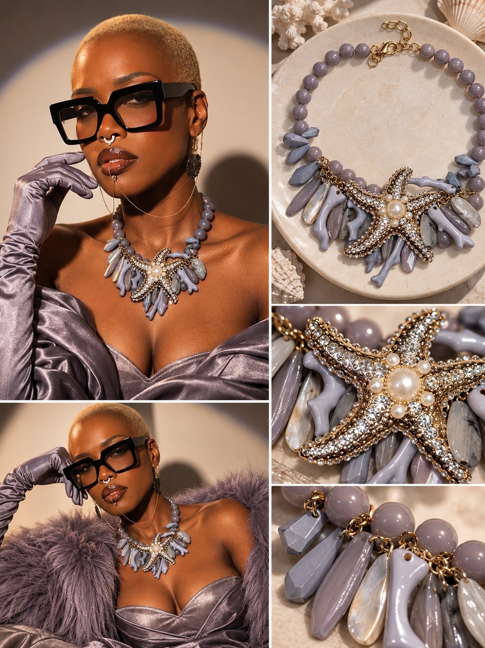 Statement Lavender Beaded Starfish Necklace - Women Jewelry